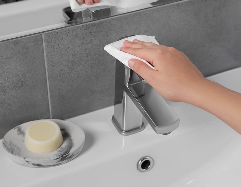 Woman,Cleaning,Faucet,Of,Bathroom,Sink,With,Paper,Towel,,Closeup